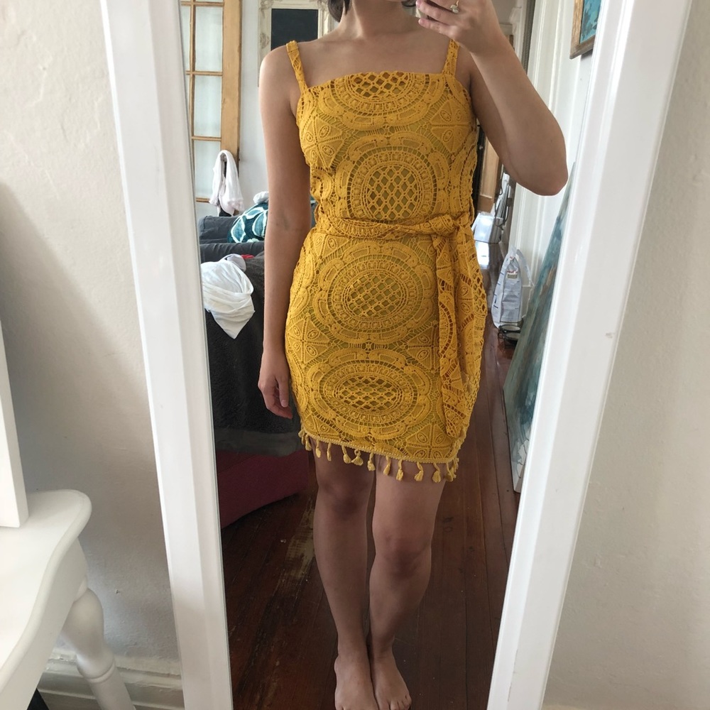 Boohoo yellow lace mini dress with tassel hem and belted waist small